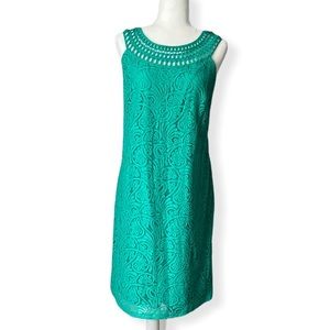Green Lace Paisley Sleeveless Shift Dress / Size 16
